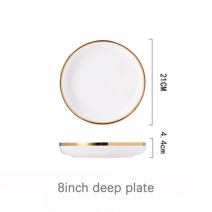 Ceramic Plates Bowls Gilt Rim White Porcelain Dinner Tray Kitchen Plates Ceramic Tableware Food Dishes Rice Salad Noodles Bowl