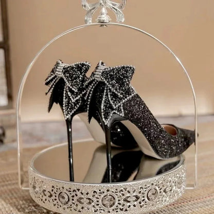 French Wedding Shoes Crystal Butterfly Knot Pointed Toe High Heels Sparkling Maids of Honor Single Shoes Spring Autumn New Style