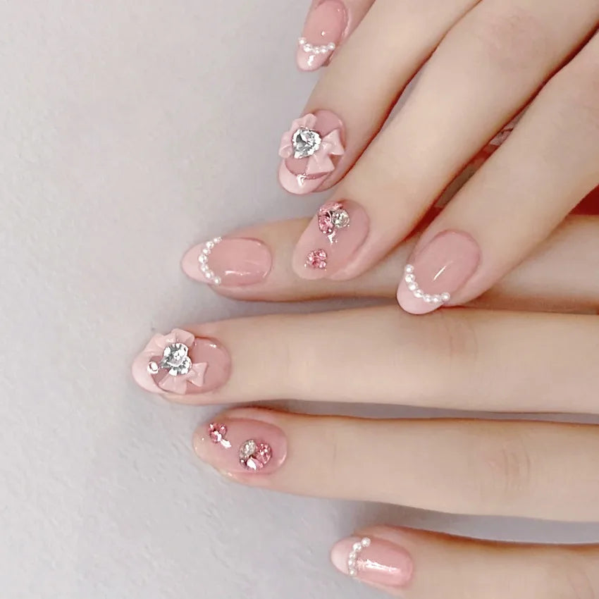 24Pcs/Set Pink Bow French Fake Nails Art Cute with Diamonds Girls Reusable Ballet Press on Nail Tips Oval Acrylic Stick on Nails