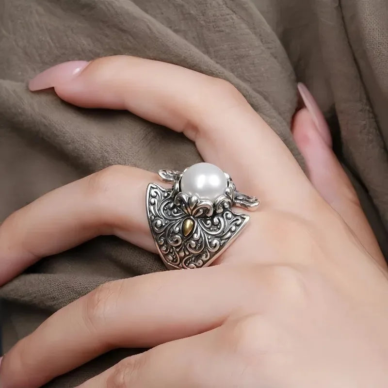 Retro silver 925 Ethnic Style Embossed Tang Grass Pattern Shield Pearls rings for women Adjustable Charms Ring banquet Jewelry