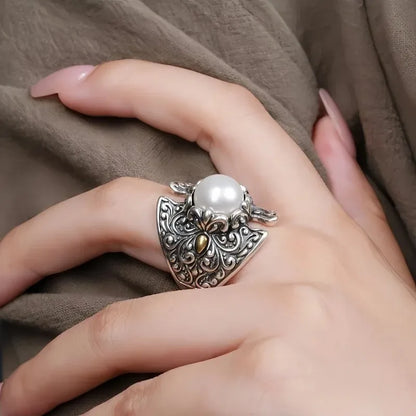 Retro silver 925 Ethnic Style Embossed Tang Grass Pattern Shield Pearls rings for women Adjustable Charms Ring banquet Jewelry
