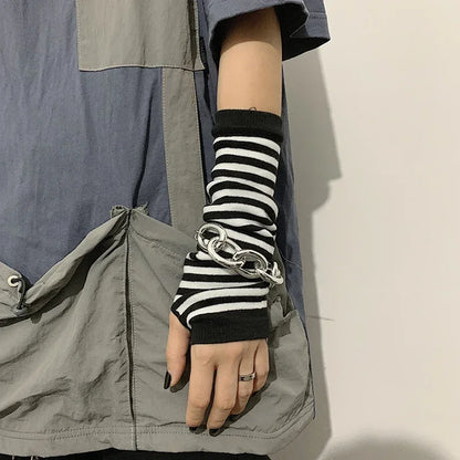 1 Pair Women Arm Warmer Fingerless Long Gloves Knitted Striped Warm Mittens Protection Arm Warmer Half Finger Sleeves
