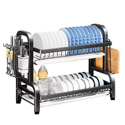 2025 New 2-Tier Stainless Steel Dish Drainer Compact Kitchen Organizer with Utensil Holder Rustproof Countertop Storage