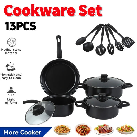 13pcs Non-Stick Cookware Set Soup Pot Frying Pan and Milk Pot Premium Milk Pot Maifan Stone Frying Pan Coating Kitchen Utensil