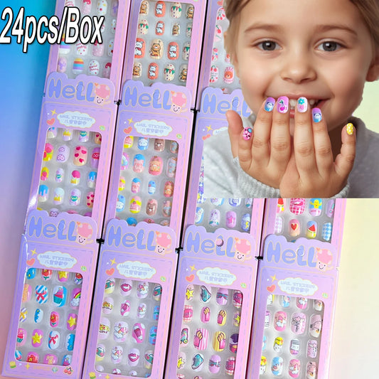 24PC/Box Children's Press On Nails With Jelly Glue Girl's Colorful Cartoon Full Cover Bear Bunny Cat Pattern Fake Nail FalseNail
