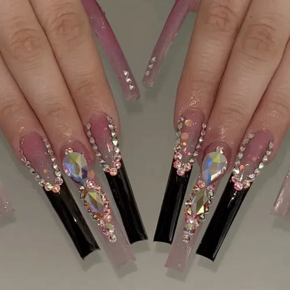 Customized Bling Rhinestone XXXL Press On Nails Handmade Luxury 5CM Long Coffin Stiletto False Nail Tip Reusable Fake Nail Party