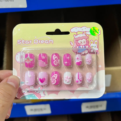 12pcs Cute Kids Dress-Up Fake Nail Girls Press on Nails Princess Pretend Play Toy Nail Tips Self-adhesive Children False Nails *
