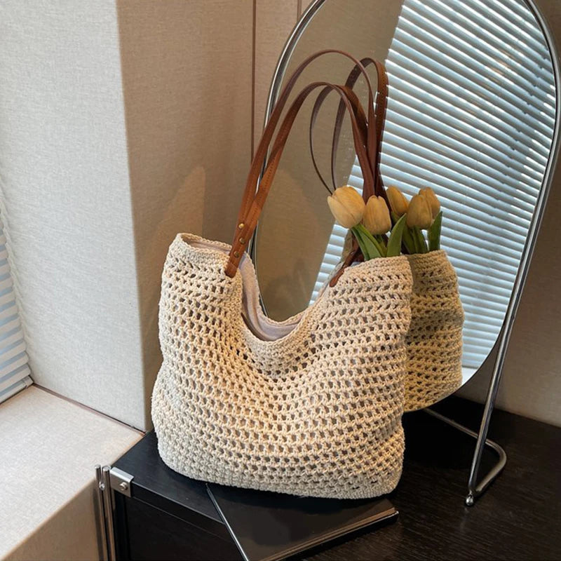 Designer Handmade Summer Beach Purses Handbags Casual Hollow Straw Women Shoulder Bags
