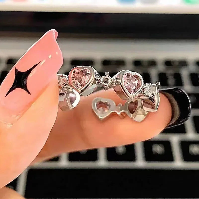 Y2k Irregular Open Rings Crystal Heart Bow Snake Finger Rings for Women Girls Kpop Sweet Trendy Aesthetic Jewelry Gift Wholesale