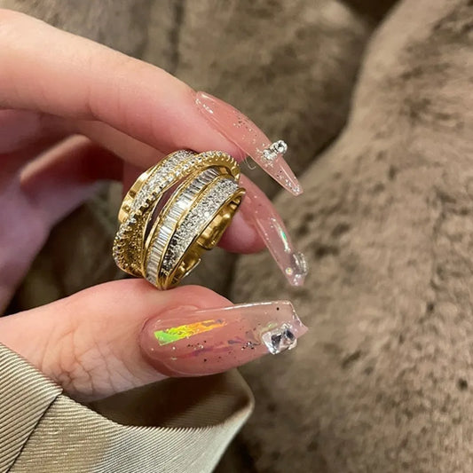 New Trendy Luxury Geometry Shiny Zircon Multi-layered Finger Gold Color Stainless Steel Couple Ring for Women Men Jewelry Gift