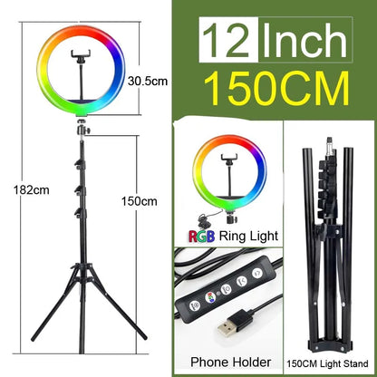 6-14" Ring Light 10 Dimming Levels 22 Modes Professinonal Fill Light 3CCT/RGB with Tripod & Phone/IPad Holder For Live streaming
