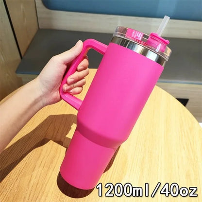 40oz 304 stainless steel vacuum insulated water cup with handle, straw cover, car portable sports travel cup leak proof design