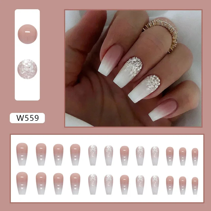 Fresh Green Tea 24 Pcs Fake Nail with Jelly sticker Press on False Nails Wearable Round Head Oval Full Cover Nail Tips