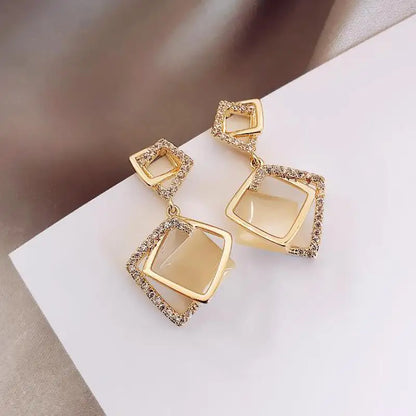 925 Silver Needle Korean Fashion Rhombus Drop Earrings For Women Jewelry 2026 Trending Luxury Crystal Cat's Eye Stone Earrings
