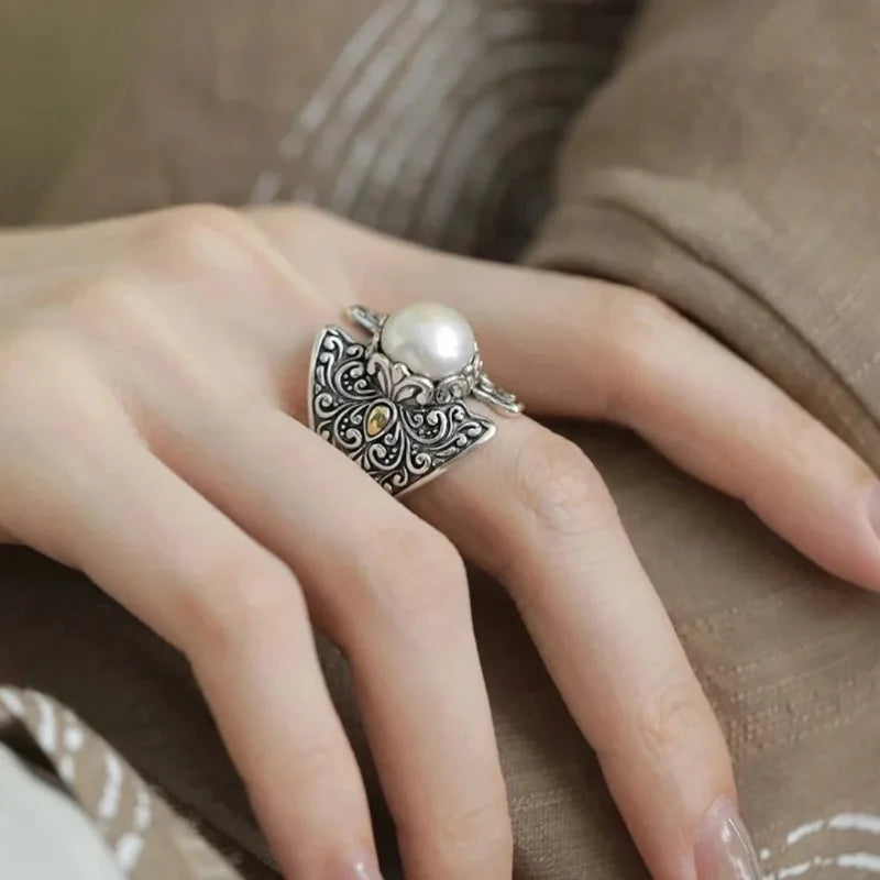 Retro silver 925 Ethnic Style Embossed Tang Grass Pattern Shield Pearls rings for women Adjustable Charms Ring banquet Jewelry
