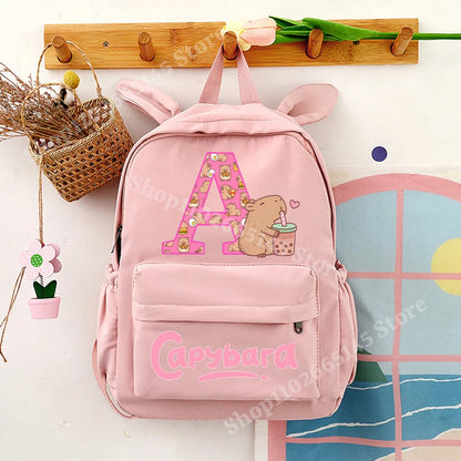 Capybara Cute Backpack Girls Capibara Anime Letter A-Z Schoolbag Kids School Travel Shoulders Bag Outdoor Sport Rucksack Gift