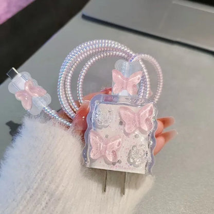 Pink Crystal Butterfly Charging Data Cable Protector Winder Accessories For IPhone 18w/20w Cartoon Charger Protective Cover