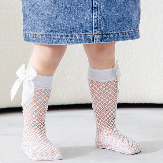 1-8years Kids Girls Knee-High Fishnet Socks Hollowed Bowknot Elastic Summer Lightweight Socks For Infant Girls