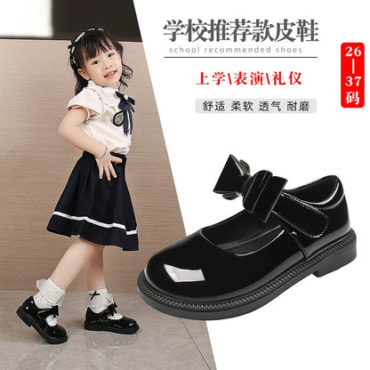 Children's Leather Shoes 2023 New Bow Girl Princess Shoes Soft Sole Casual Student Black Performance Shoes
