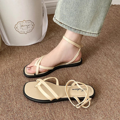 Roman Style Crossbody Slip-On Sandals Women's Summer Outdoor Flat Bottom Toe-Post Sandals Fashionable PVC Material