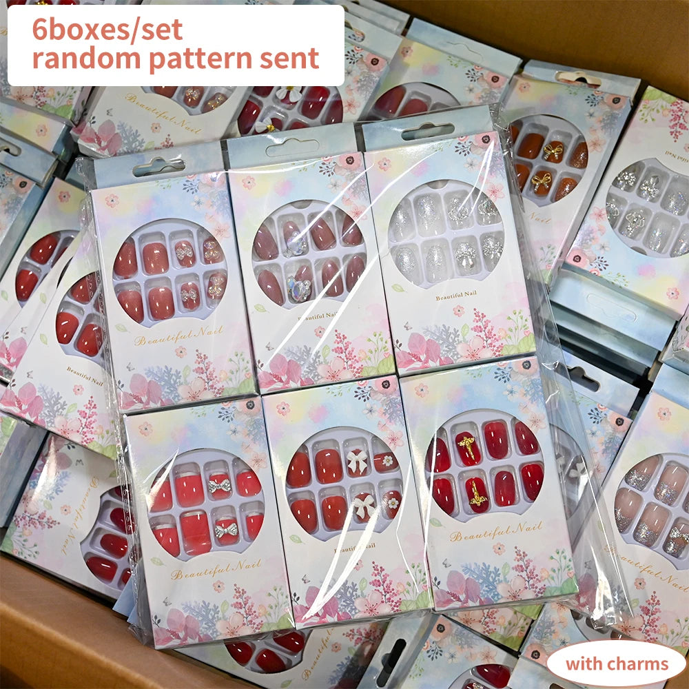 144pcs Random Pink French Fake Nails Set Mixed Short Square Medium Almond Design Press On Nails Glossy Nail Patch for Girl Women