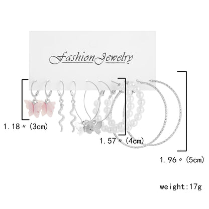 3-9 Pairs Heart Butterfly Drop Earrings Set Big Circle Piercings Earrings Jewelry for Women Imitation Pearl Hoop Cute Ear Buckle