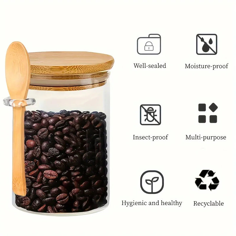 4pcs Set Glass Sealed Jars with Spoons & Bamboo Lids - Leakproof Kitchen Storage for Grains, Tea, Coffee Beans & Spices