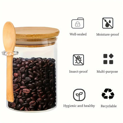 4pcs Set Glass Sealed Jars with Spoons & Bamboo Lids - Leakproof Kitchen Storage for Grains, Tea, Coffee Beans & Spices