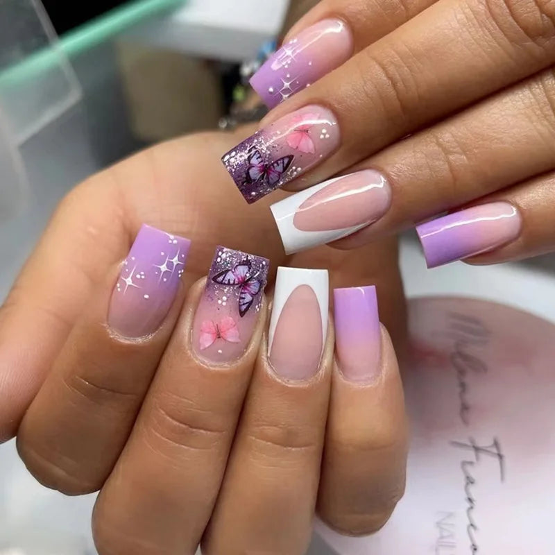 24Pcs Press on Fake Nails Short Medium French Acrylic Full Cover False Nail With Glue Kit Mini File Manicure for Women and Girls