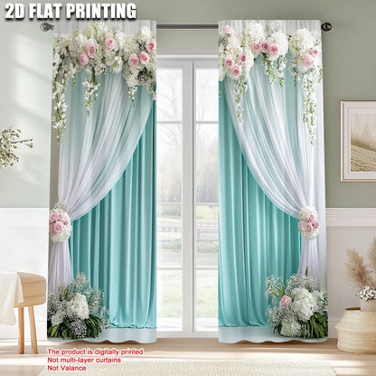 2pcs, Light Filtering Curtains 2D print Elegant Green and White Curtain Fabric (without rod) Thermal Insulation, and Room