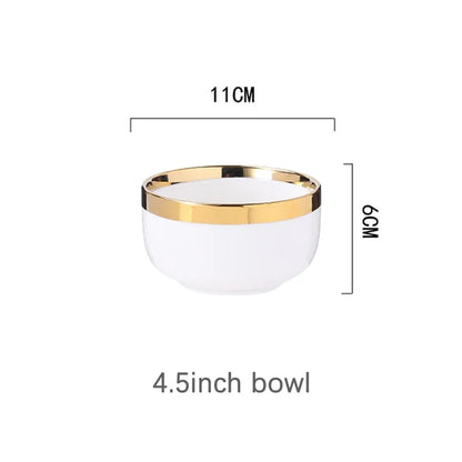 Ceramic Plates Bowls Gilt Rim White Porcelain Dinner Tray Kitchen Plates Ceramic Tableware Food Dishes Rice Salad Noodles Bowl