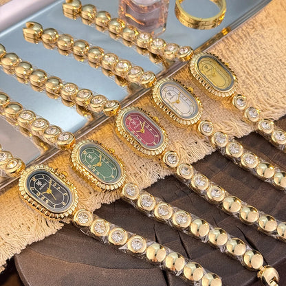 New Arrival Elegant Oval Shape Compact Gold Watch for Women Vintage Elegance Luxury Diamond Embedded Bracelet Quartz Wristwatch