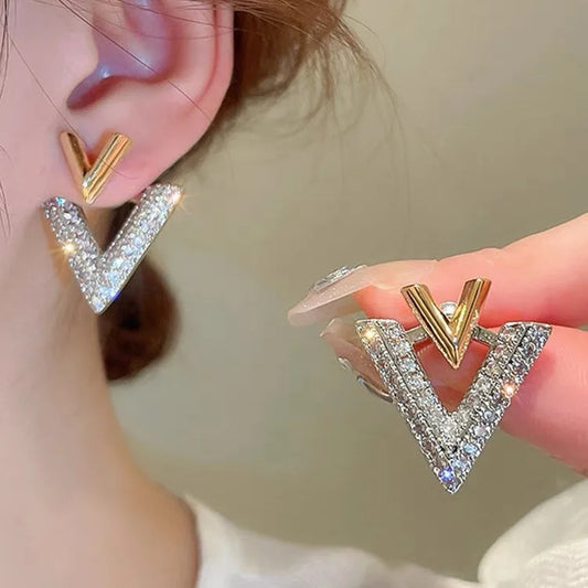 925 Silver Needle Korean Fashion Double V Crystal Earrings For Women Jewelry 2026 Trending Luxury Women's Earrings Behind Ear