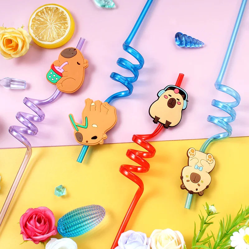 12pcs Cartoon Capybara Reusable Straws Durable PET Plastic,  Fun Animal Designs for Kids Parties, Birthdays, Home Decor Supplies
