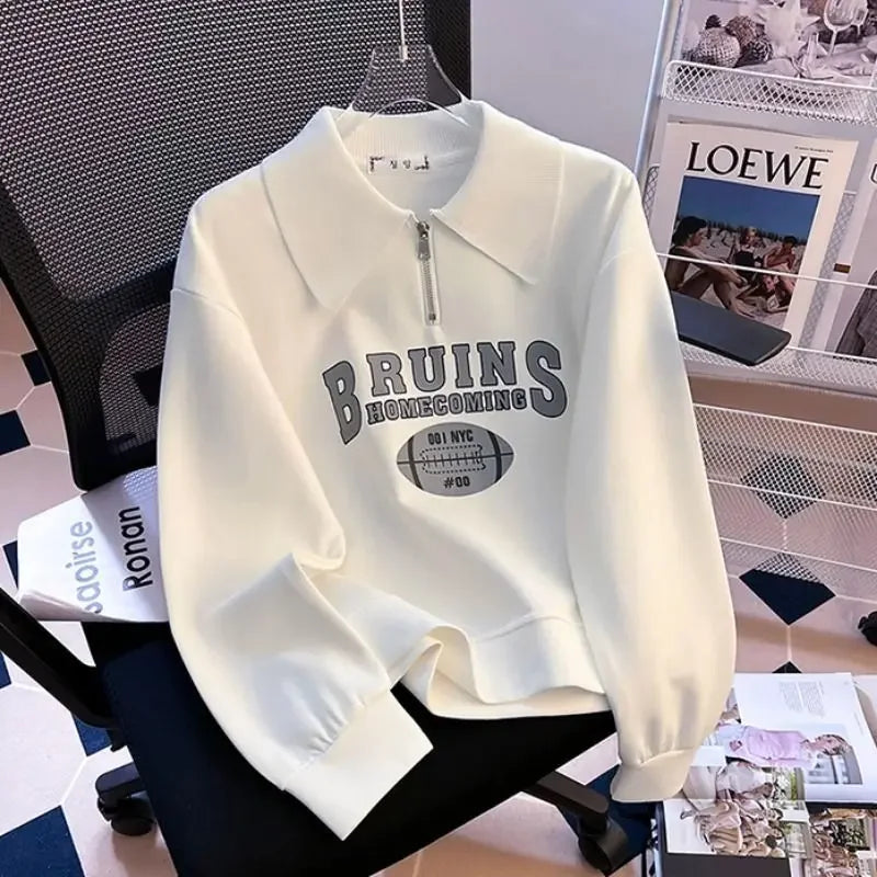 Long Sleeve Women's Fashionable Loose Polo Neck Printed T-shirt Spring Autumn Winter New Style Base Layer Shirt Outerwear