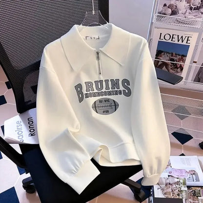 Long Sleeve Women's Fashionable Loose Polo Neck Printed T-shirt Spring Autumn Winter New Style Base Layer Shirt Outerwear