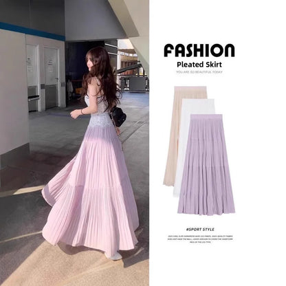 Sweet Purple Pleated High Waist A- Line Long Skirt Women's Fashion Spring Summer New Style Slimming Hip Covering Half-length S..