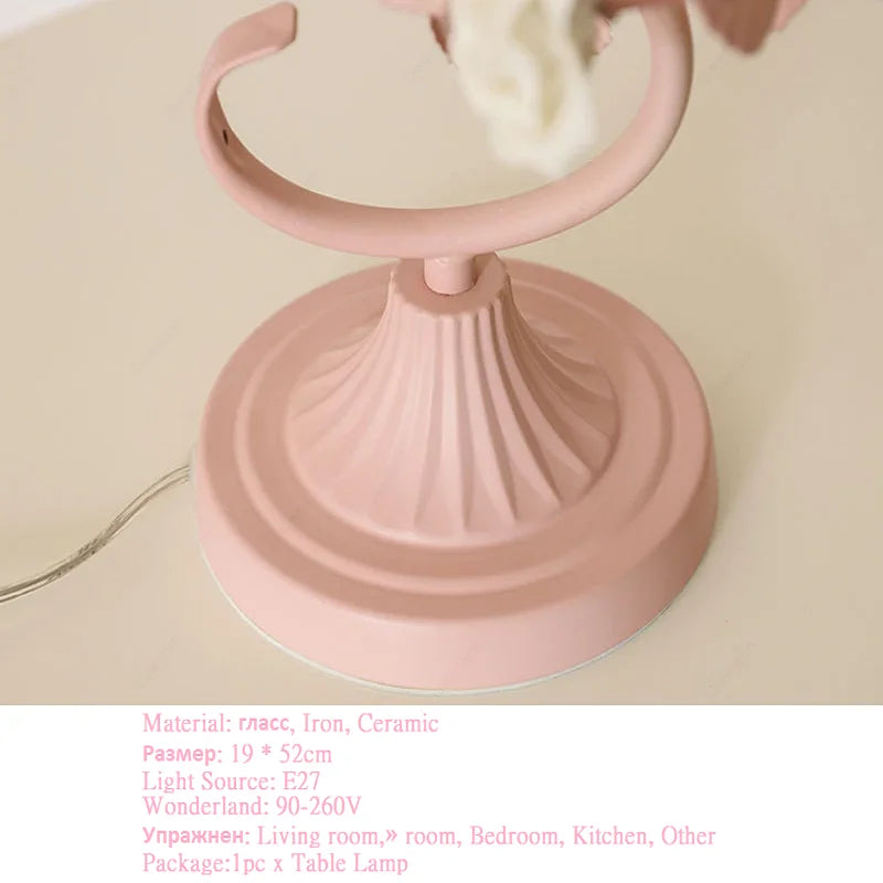 Romantic European-style pink table lamp bedroom ins princess pink rose flower girl heart girl children's room bedside lamp
