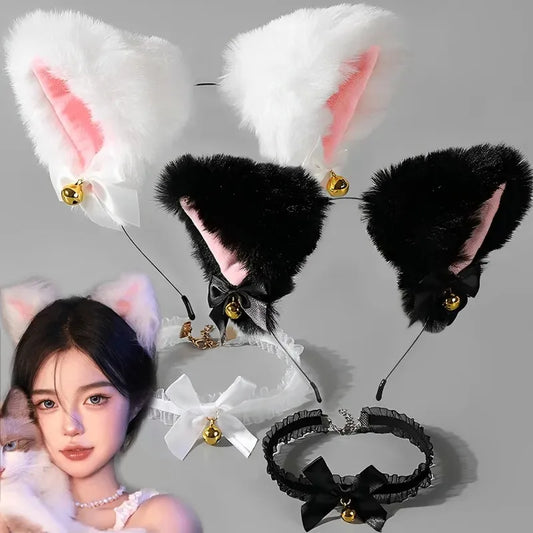 Sexy Cat Ear Bow Headband Necklace Plush Bell Hairband Girl Hairhoop Headwear Costume Accessory for Cosplay Masquerade