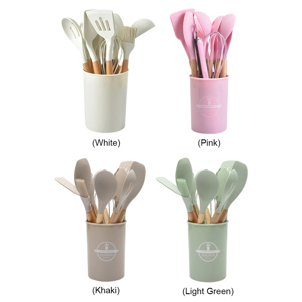 12Pcs Kitchen Utensil Set Heat-Resistant Cookware with Holder Non-Stick Spatula Set Spatula Spoon Brush Whisk for Home Kitchen