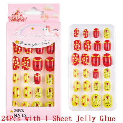 12pcs Cute Kids Dress-Up Fake Nail Girls Press on Nails Princess Pretend Play Toy Nail Tips Self-adhesive Children False Nails *