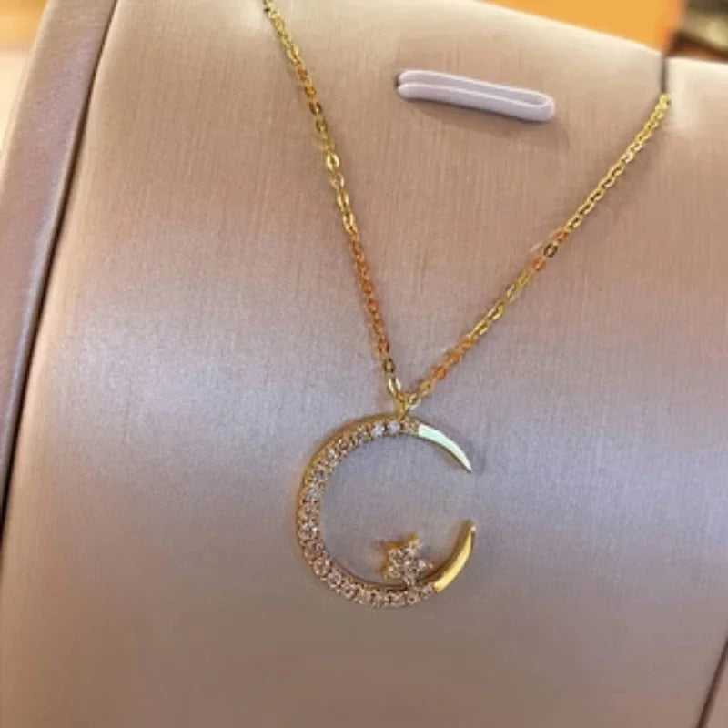 Shiny Star Moon Pendant Necklace, Women's Sparkling Exquisite Clavicle Chain, Unique Design Luxury Jewelry Gift for Girlfriend