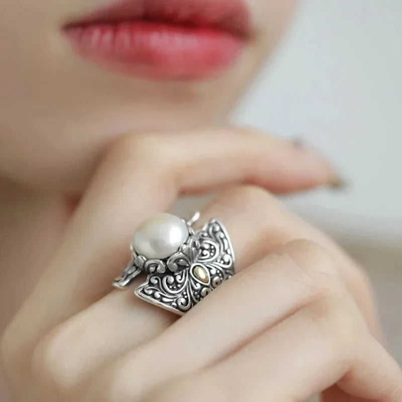 Retro silver 925 Ethnic Style Embossed Tang Grass Pattern Shield Pearls rings for women Adjustable Charms Ring banquet Jewelry