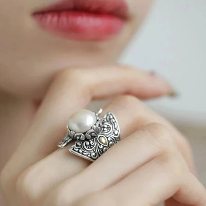Retro silver 925 Ethnic Style Embossed Tang Grass Pattern Shield Pearls rings for women Adjustable Charms Ring banquet Jewelry