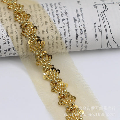 90cm Pearl Beaded Lace Trim Ribbon Garment Decoration Applique Trimming Gold Sequin Tape DIY Sewing Fabric Material Accessories