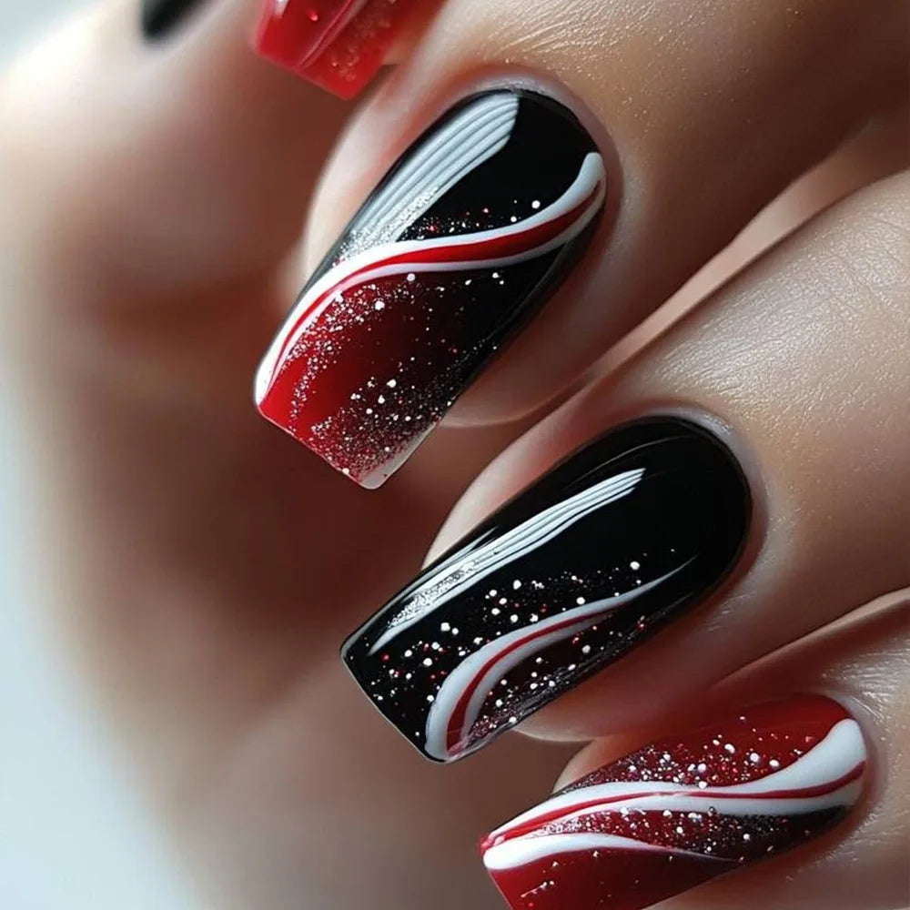 24pcs Golden Stripe Press on Nails Shiny Powder Love Design Long Square False Nails Wearable Full Cover Nail Tips Blue Fake Nail