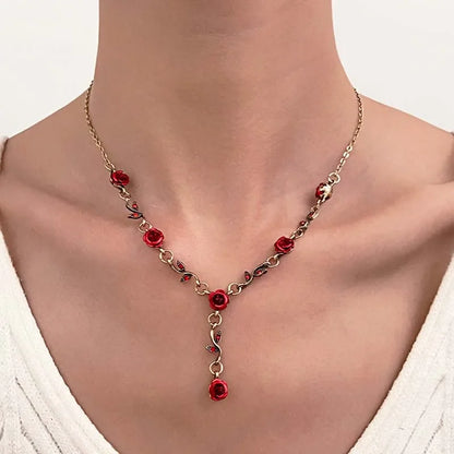 Vintage French Red Rose Flower Necklace Bracelet Set for Women Fashion Romantic Clavicle Chain Necklace Engagement Jewelry Gifts