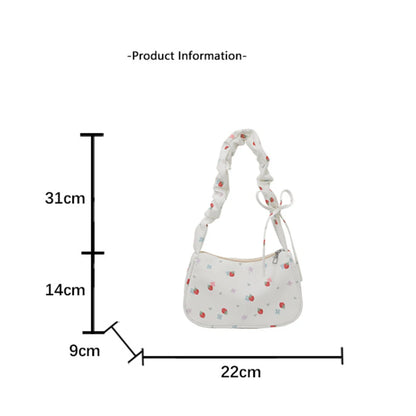 Women Small Underarm Bag Y2K Sweet Printed Zipper Tote Pleated Strap Handbag Half Moon Design Versatile Ladies Shoulder Bags