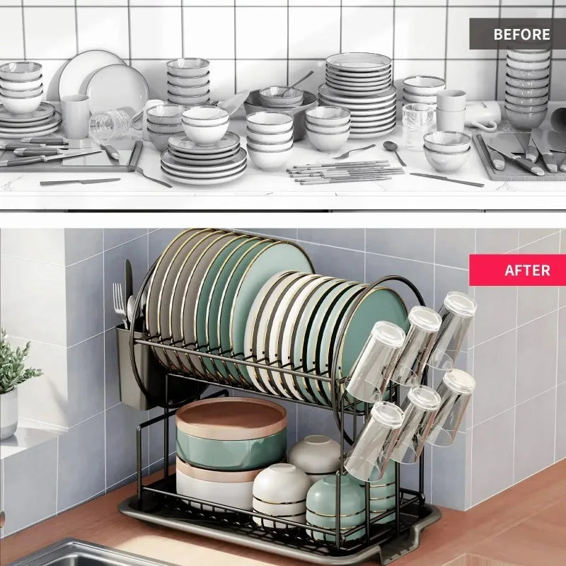 2 tier dish drying rack drain board set tableware drainer Kitchen countertop storage rack cup holder Knife and fork holder