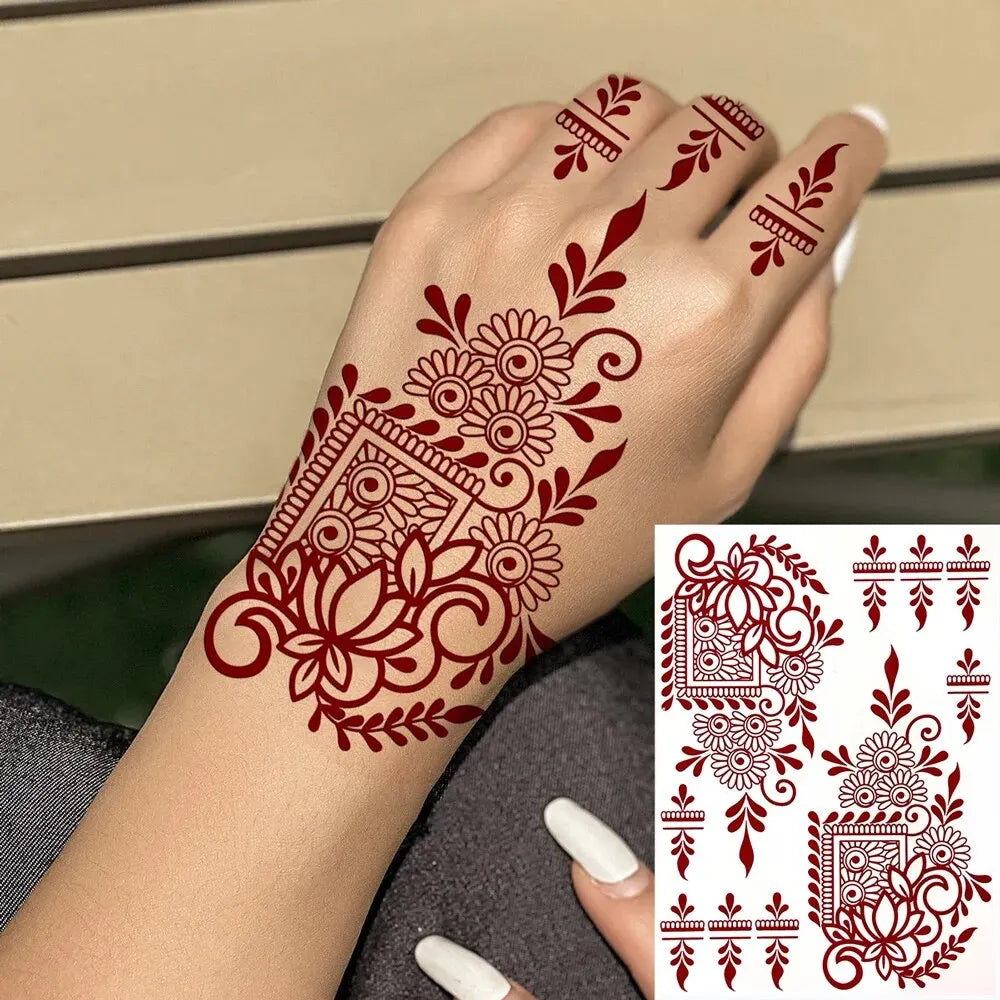 Waterproof Henna Tattoo Stickers for Women Flower Instant Fake Tattoo for Hand Temporary Tattoos for Wedding Party Festival